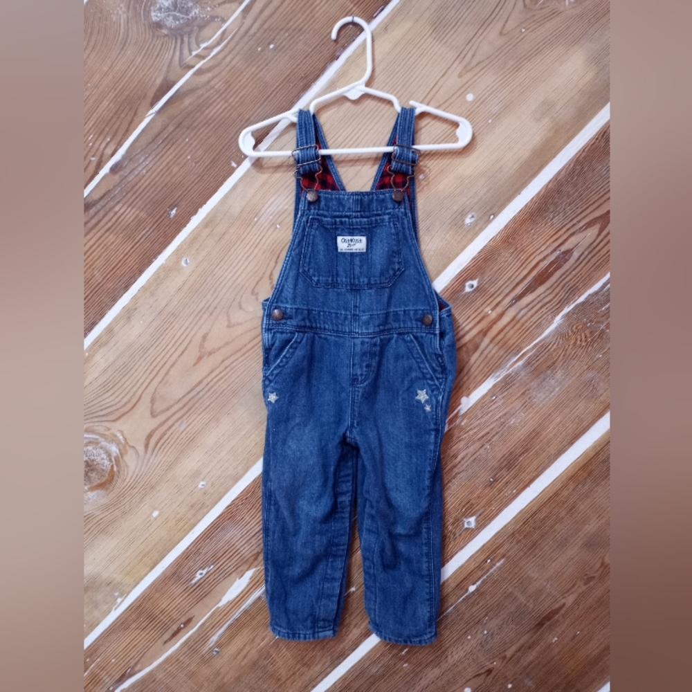 Overall jeans w silver stars and red black check lining 24m girls
